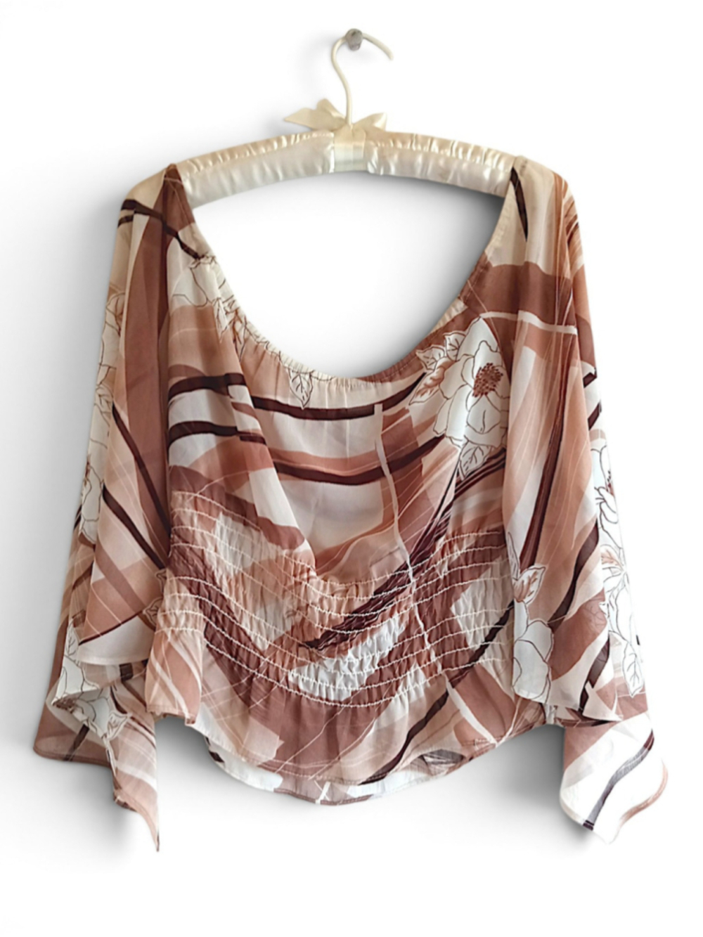 Earthy Off Shoulder Sheer Blouse Flowy Flutter Sleeve Boho Babe Feminine beige